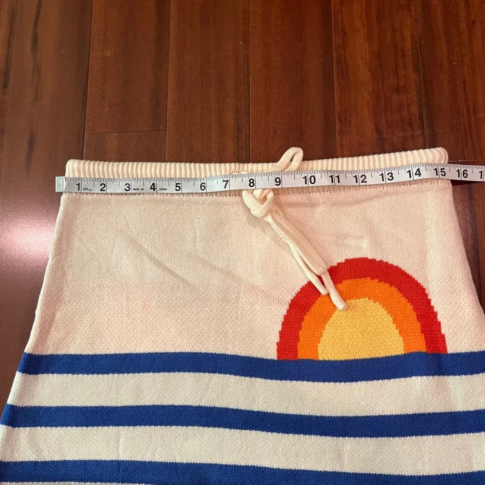 Retro Sun Graphic Knit Mini Skirt Cream Blue Striped Drawstring‎ Waist XL